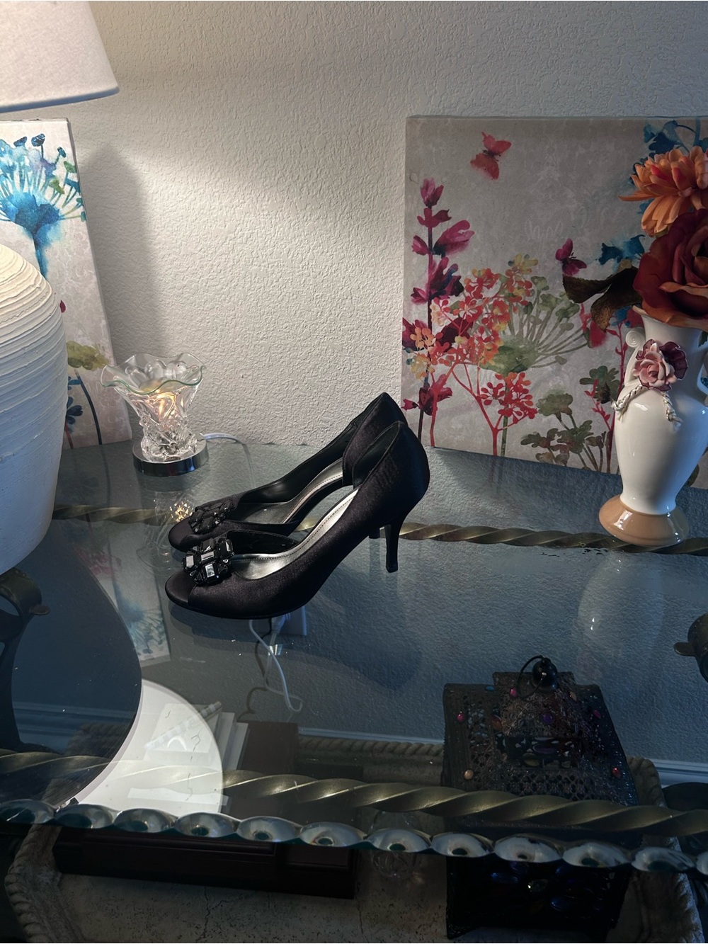 Style & Co. Black Satin Peep-Toe Heels with Bow Accent